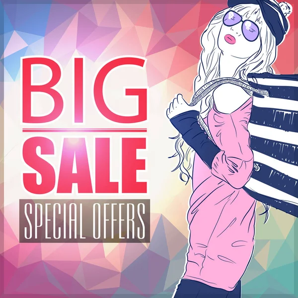 Big Sale Banner Trendy Young Woman Vector Illustration — Stock Vector
