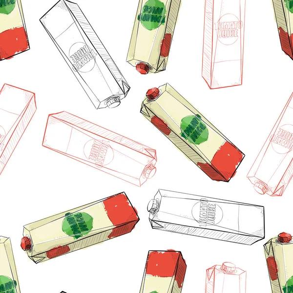 Handgezeichnetes Muster Mit Behältern Mit Tomatensaft Vektorillustration — Stockvektor