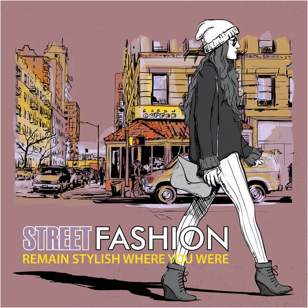 通りの背景にかわいい若者のファッションの女の子 手描き下ろしベクトル イラスト — ストックベクタ