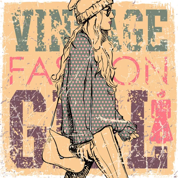 Vintage background with pretty fashion girl. — Stock Vector