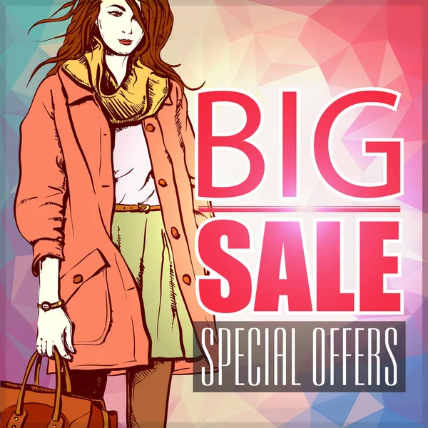 Big Sale Banner Stylish Girl Vector Illustration — Stock Vector