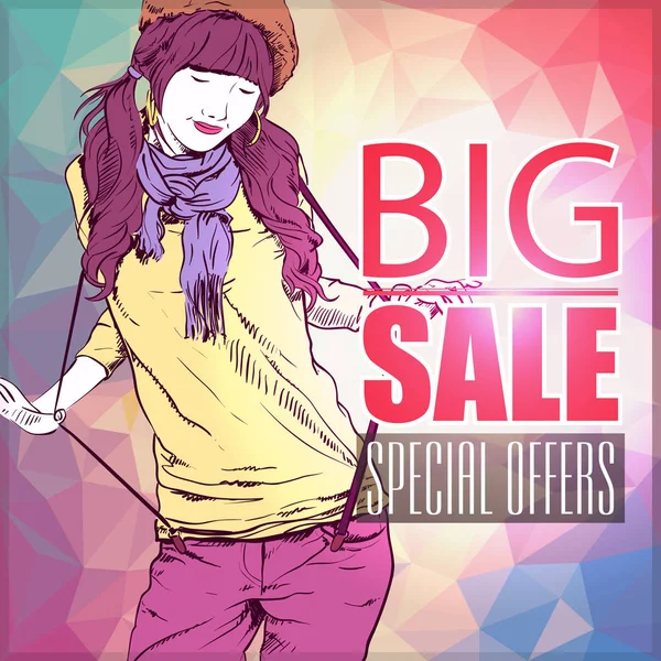 Big Sale Banner Stylish Girl Vector Illustration — Stock Vector