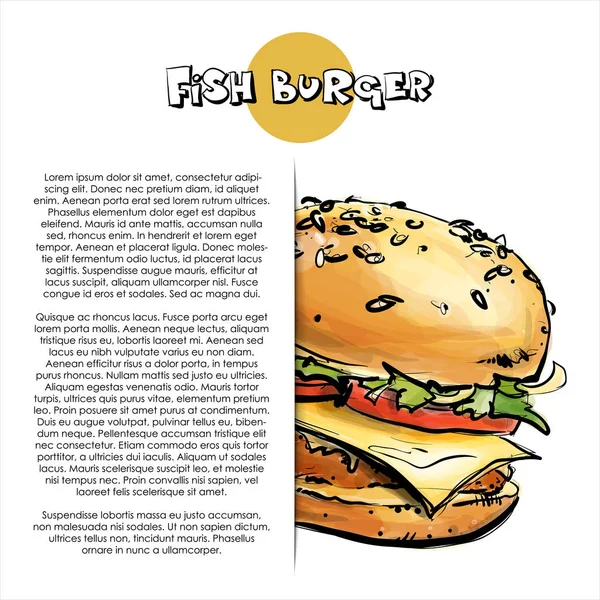 Smakelijke Vis Hamburger Poster Schets Stijl Vector Illustratie — Stockvector