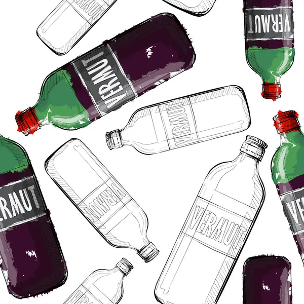 Handritad Mönster Med Flaskor Vermut Vektor Illustration — Stock vektor