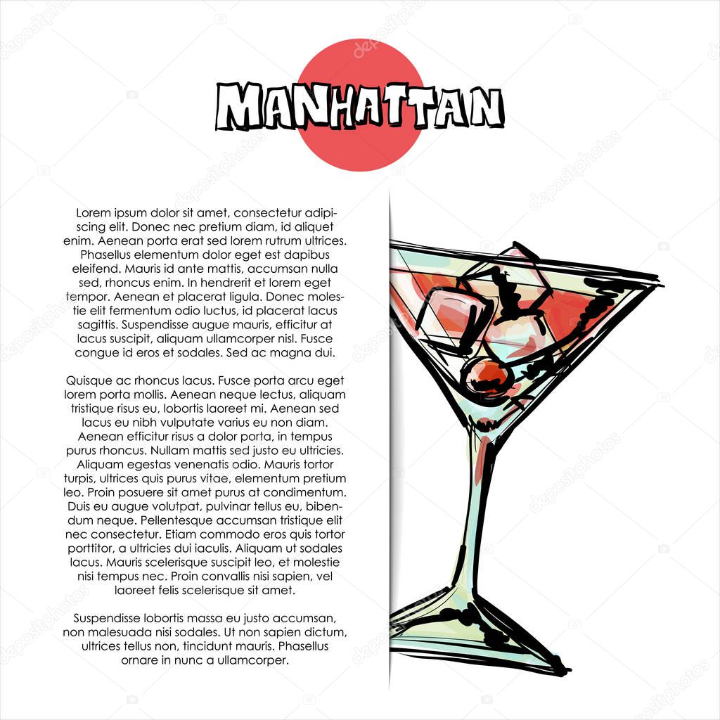 Hand drawn illustration of manhattan cocktail. Poster. Sketch style. Vector illustration