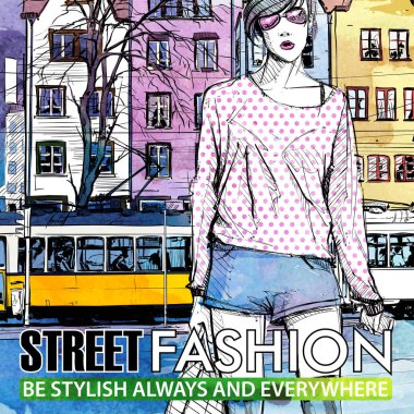 Bir sokak arka planda sevimli genç moda kız. Vektör illustrati
