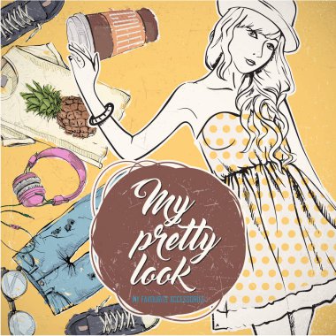 Bir sokak arka planda sevimli genç moda kız. Vektör illustrati