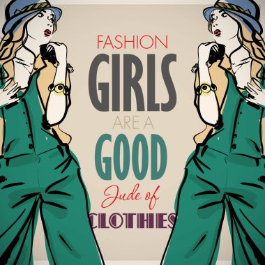 Bir trendy kız ve metin scetch ile Kart. Vektör toplama.