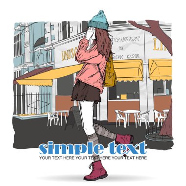 Bir sokak kafe arka planda kroki tarzı güzel genç kız. V