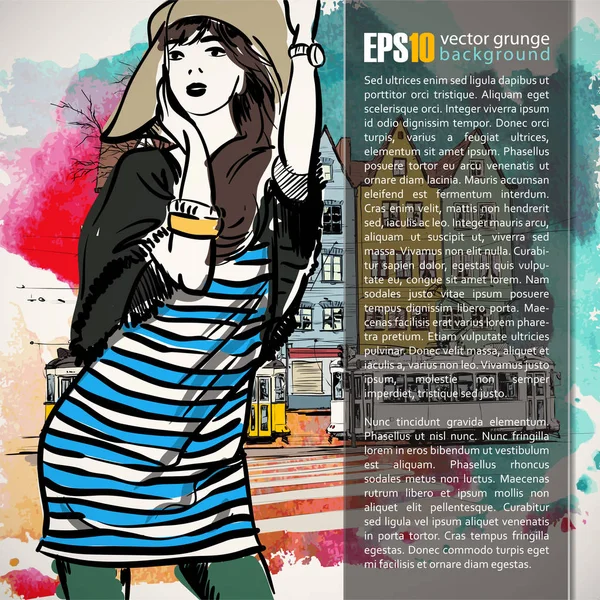 Handgezeichnete Illustration von Mode-Mädchen im Skizzenstil. Platz f — Stockvektor
