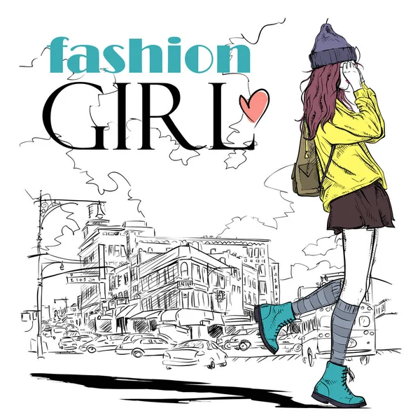 Cute young fashion girl on a street background. Hand drawn vecto — Stock Vector