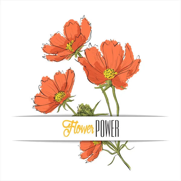 Floral Card Beautiful Red Flowers Sketch Style Vector Illustration — Stock Vector