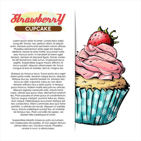 Hand Getekende Illustratie Van Aardbei Cupcake Poster Schets Stijl Vector — Stockvector