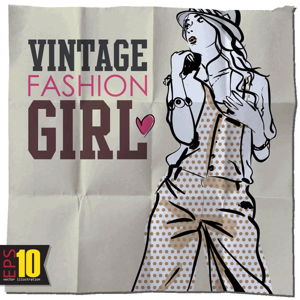 Stylish Girl Grunge Background Vector Illustration Vintage Fashion — Stock Vector