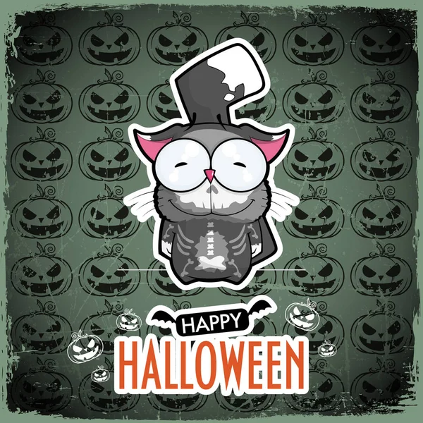 Carte Vœux Halloween Avec Minou Dessin Animé Illustration Vectorielle — Image vectorielle
