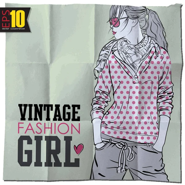 Attractive Stylish Girl Grunge Background Vintage Fashion Vector Illustration — Stock Vector