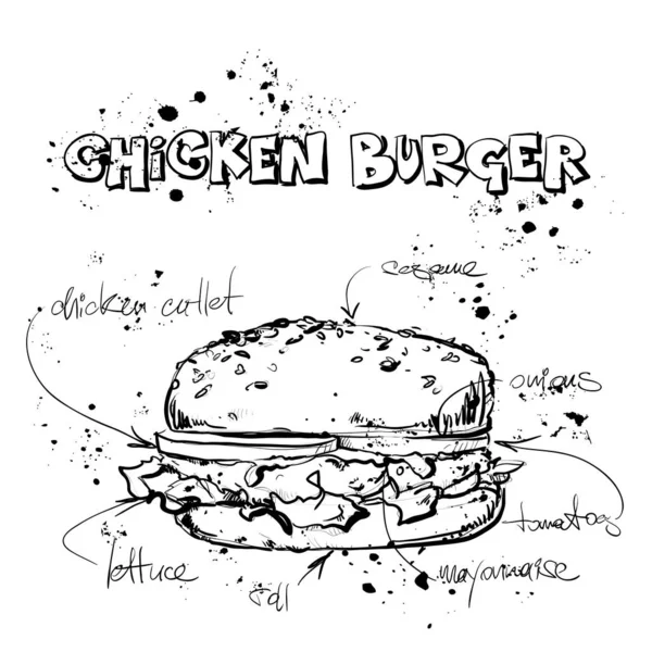 Cool hamburger savoureux. Style croquis. Illustration vectorielle . — Image vectorielle