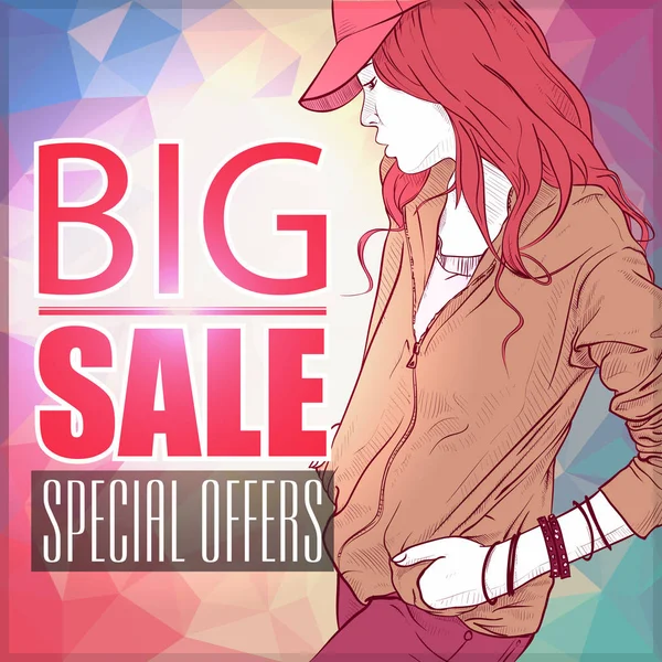 Big Sale Banner Stylish Young Woman Vector Illustration — Stock Vector