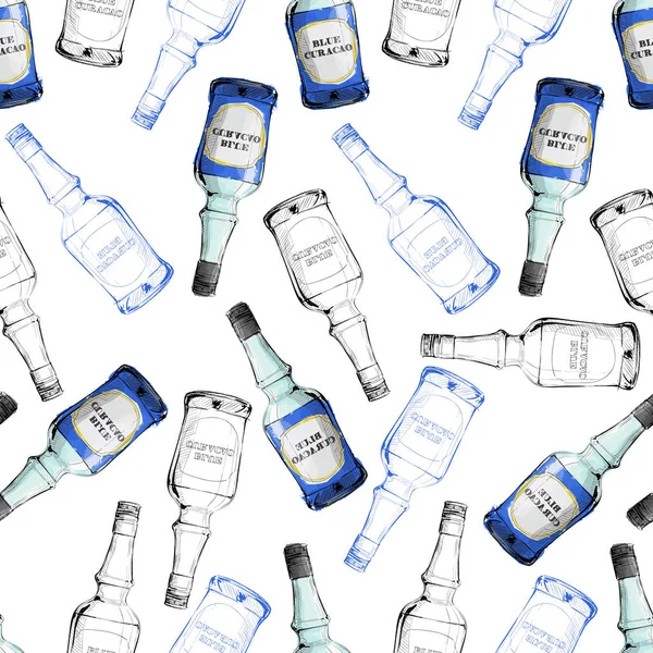 Patrón Dibujado Mano Con Botellas Curazao Azul Ilustración Vectorial — Archivo Imágenes Vectoriales