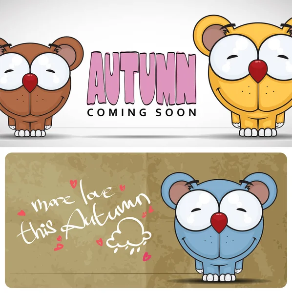 Scheda vecor autunno con personaggio dell'orso dei cartoni animati . — Vettoriale Stock