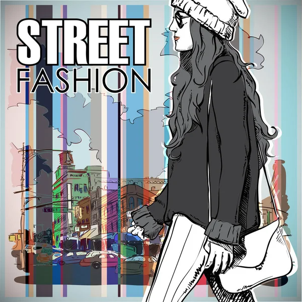 通りの背景にかわいい若いファッションの女の子。手描きのベクト — ストックベクタ