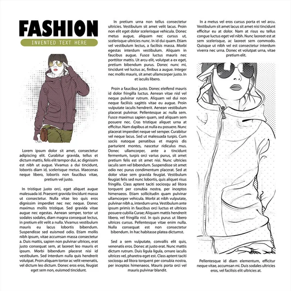 Cartel con chica de moda en estilo de boceto y texto. Vector Colectivo — Archivo Imágenes Vectoriales