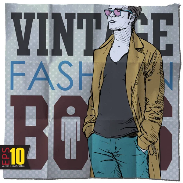 Stijlvolle Jongen Een Grunge Achtergrond Vintage Mode Vector Illustratie — Stockvector