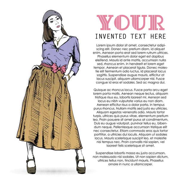 Plakat z modną dziewczyną w stylu szkicu i tekstem. Wektor celów groma — Wektor stockowy