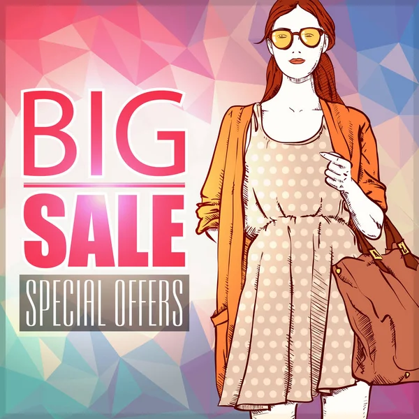 Big Sale Banner Stylish Young Woman Vector Illustration — Stock Vector