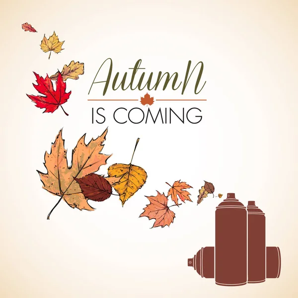 Autumn Coming Vector Illustration Spray Cans Leaves — Stock Vector