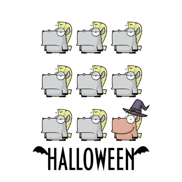 Karikatür Atları Ile Halloween Tebrik Kartı Vektör Çizimi — Stok Vektör