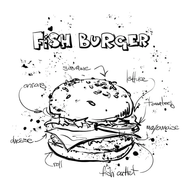 Skvělý chutný hamburger. Skica. Vektorová ilustrace. — Stockový vektor