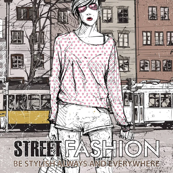 Linda chica de la moda joven en un fondo de la calle.Vector illustrati — Archivo Imágenes Vectoriales