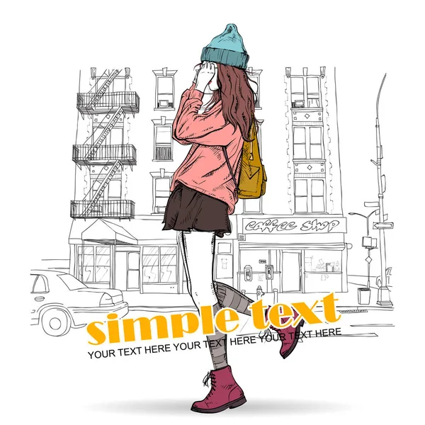 Niedliche junge Mode-Mädchen auf einer Straße Hintergrund. handgezeichnetes Vecto — Stockvektor