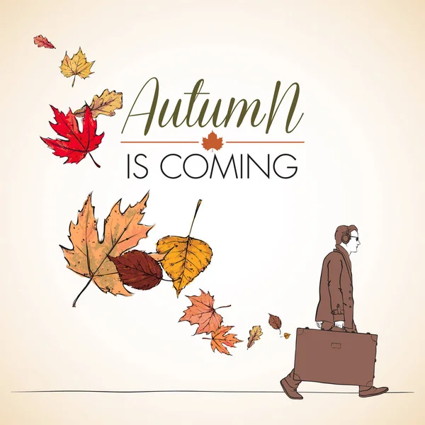 Herbst Kommt Vektorillustration Des Mannes Mit Reisetasche Und Blättern — Stockvektor