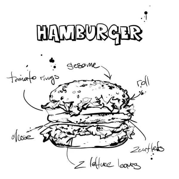 Coola läckra hamburgare. Skiss stil. Vektor illustration. — Stock vektor