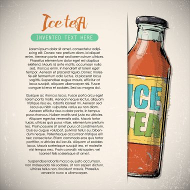 Metin ve buz çay şişesi ile el çizilmiş afiş. Vektör çizimi.