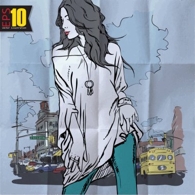 Kız güzel moda ile Vintage illüstrasyon 