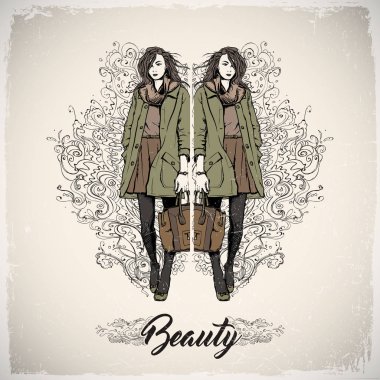 Süs ile bir arka plan üzerinde güzel bir kız İllüstrasyon. Vec