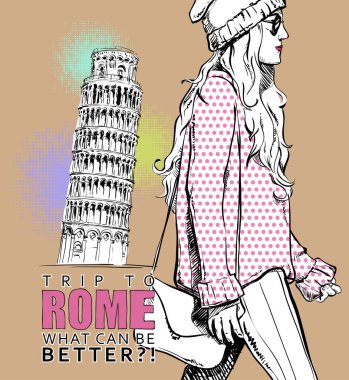 Bir italien arka plan üzerinde kroki tarzı güzel genç kız. Vecto