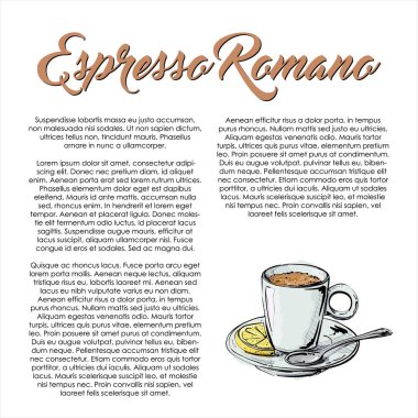 Metin ve espreso romano kahve ile el çizilmiş poster. Vektör çizimi.