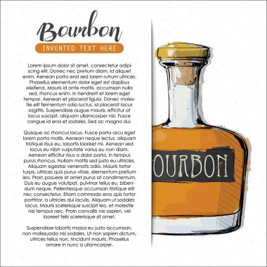 Metin ve burbon şişesi ile el çizilmiş afiş. Vektör çizimi.
