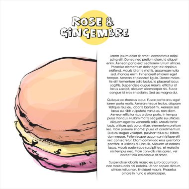 Fransız gül ve gingembre macaroon ile el çizilmiş poster. Vektör çizimi