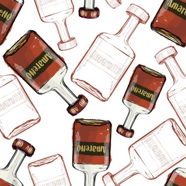 Amaretto şişeleri ile el çizilmiş desen. Vektör çizimi.