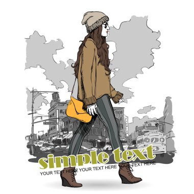 sevimli genç moda kız sokak arka plan üzerinde. çizilmiş vektör çizimi uzat.