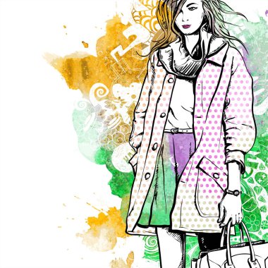 Waterc ile bir arka plan üzerinde güzel bir kız Vektör illüstrasyon