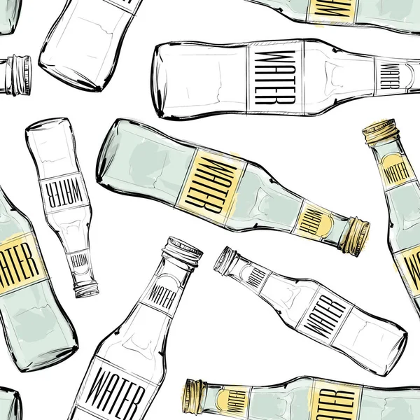 Patrón Dibujado Mano Con Botellas Agua Ilustración Vectorial — Vector de stock