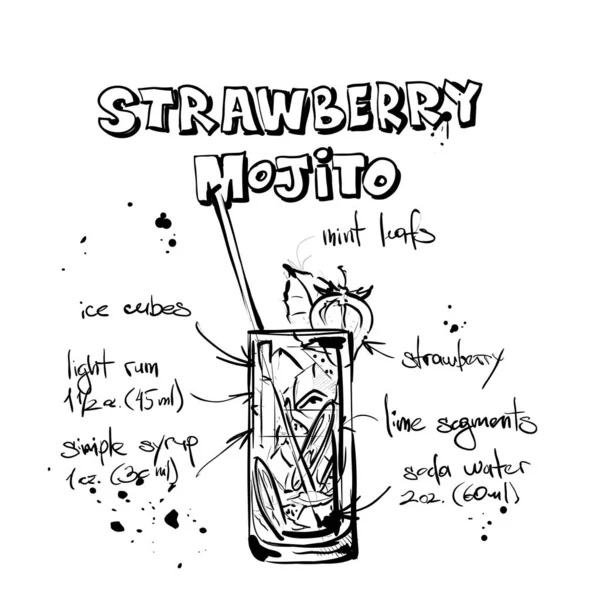Handritad illustration av cocktail. Strawberry Mojito. Vektor c — Stock vektor