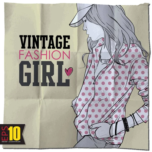 Grunge Arka Planda Çekici Şık Kız Vintage Moda Vektör Çizimi — Stok Vektör