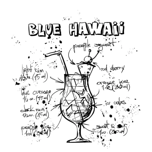 Hand drawn illustration of cocktail. BLUE HAWAII. Vector collect — Stock Vector